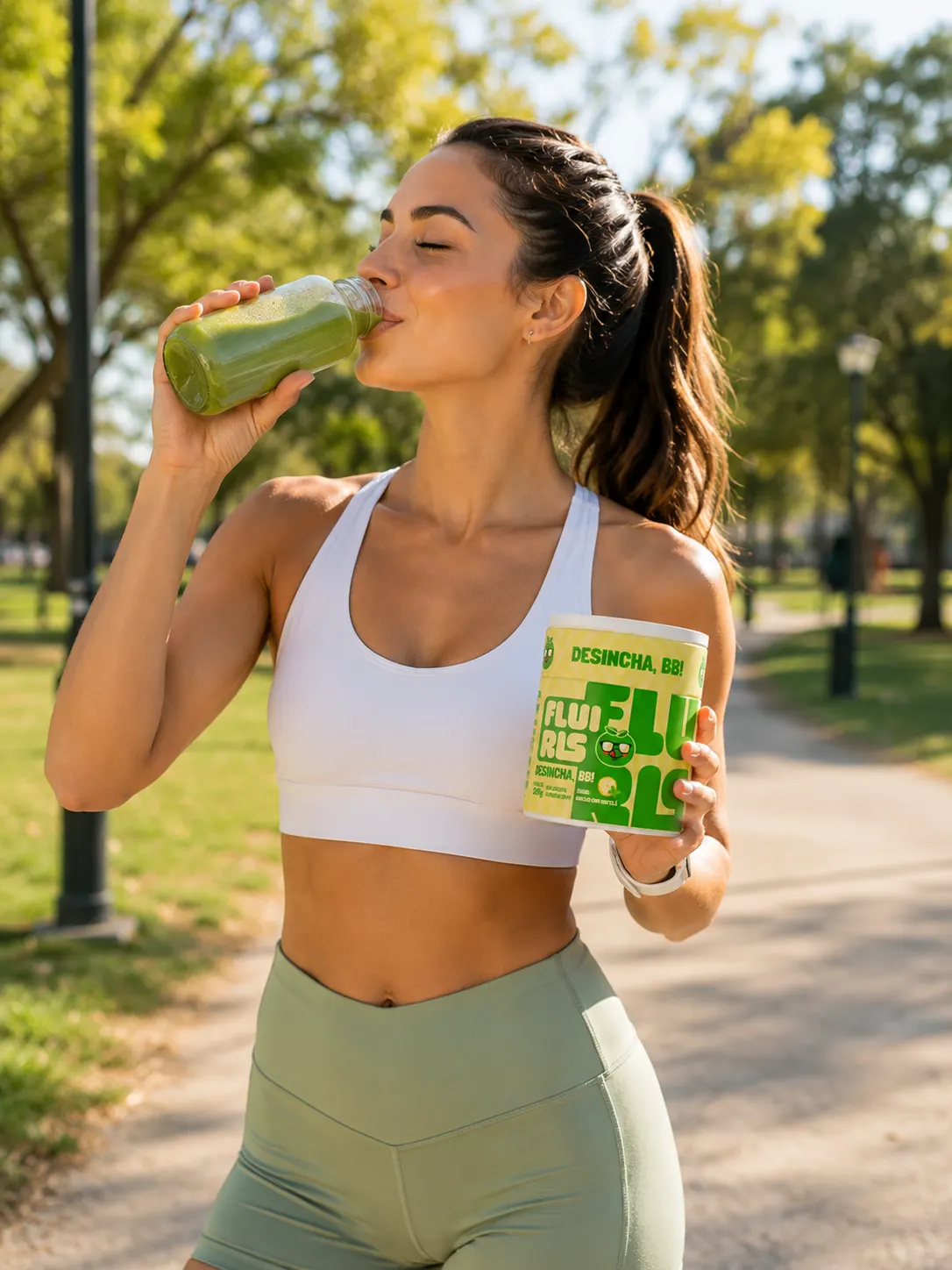 Mujer tomando su vaso de Fluiris en el parque con el pote en la mano