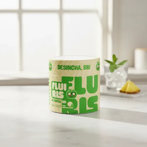 Pote de Fluiris en la mesada con hielo y piña