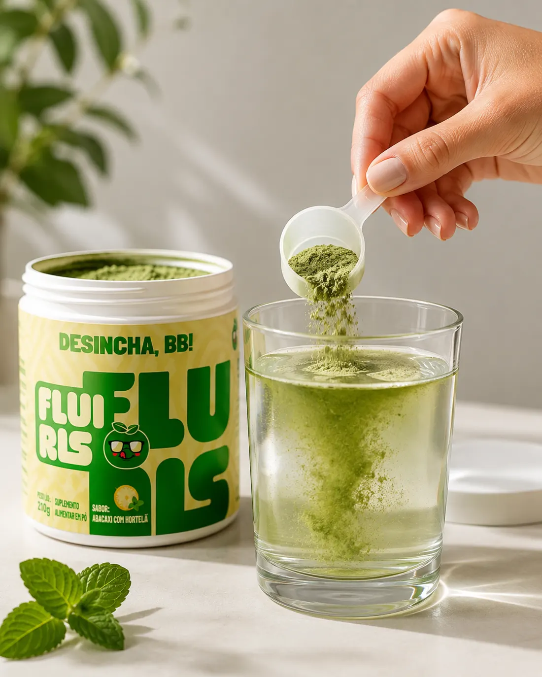 Medida de polvo Fluiris cayendo en un vaso de agua fría al lado del pote de 210 g